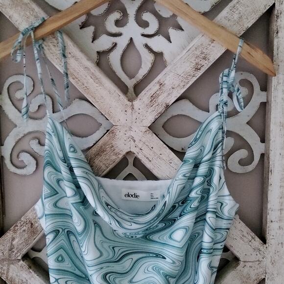 New Junior's Elodie Cowl Neck Sleeveless Tie Straps Mini Slip Dress Green Swirl - Picture 8 of 12